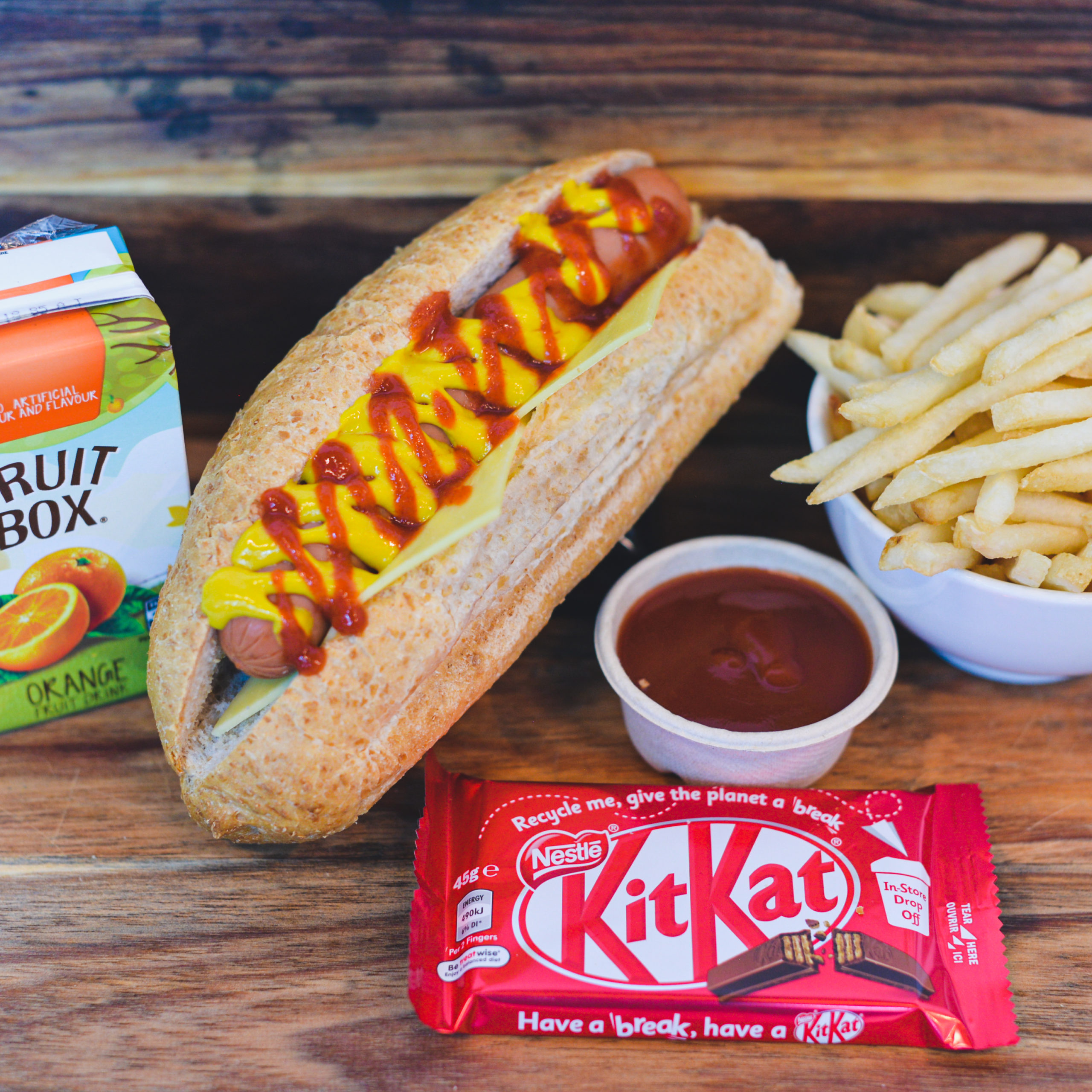 Hot Dog, Large French Fries, sauce, chocolate bar and juice ($50.00)